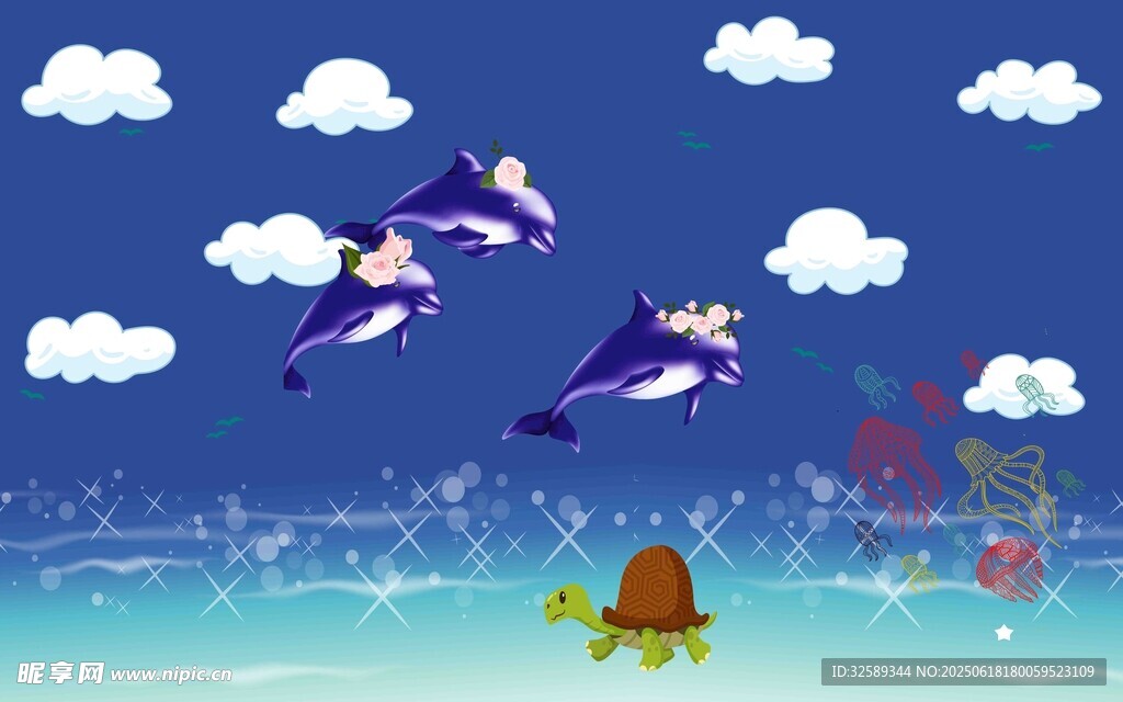 海豚伴小船畅游蓝天海洋