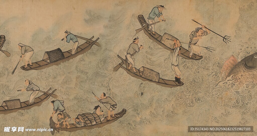 古代船只航行场景图