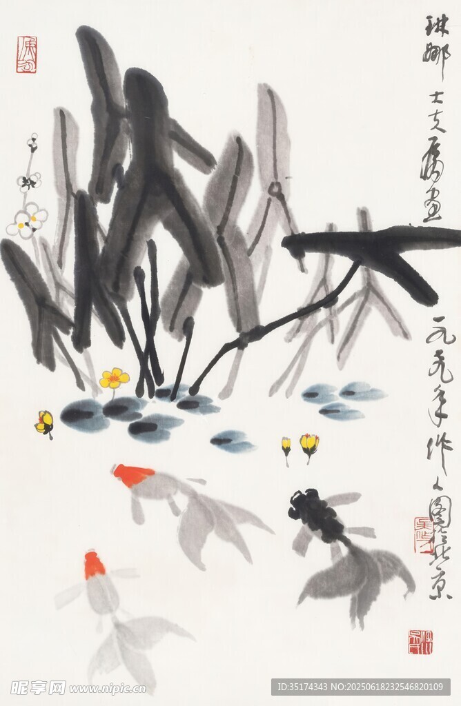 水墨池塘游鱼图