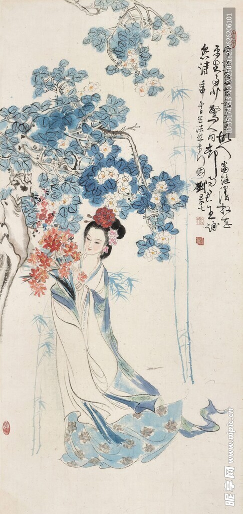 古典美人持花倚树图