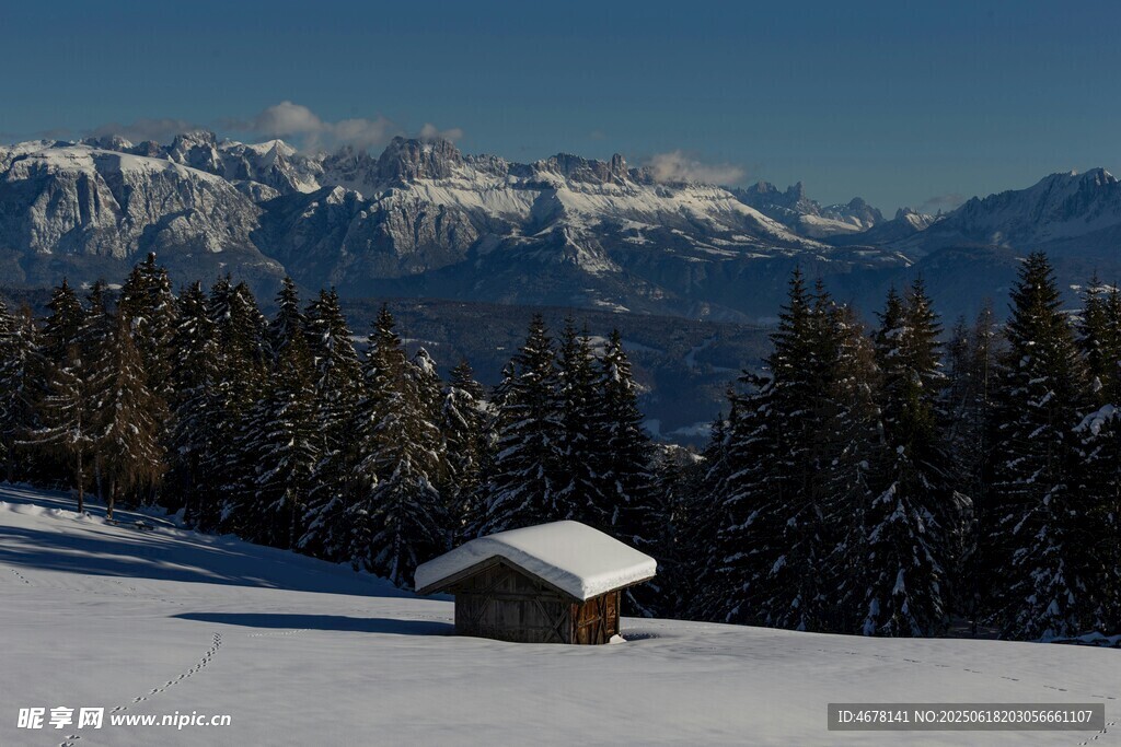 雪覆山林中的静谧小屋