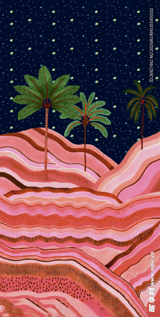 梦幻沙漠夜景中的棕榈树