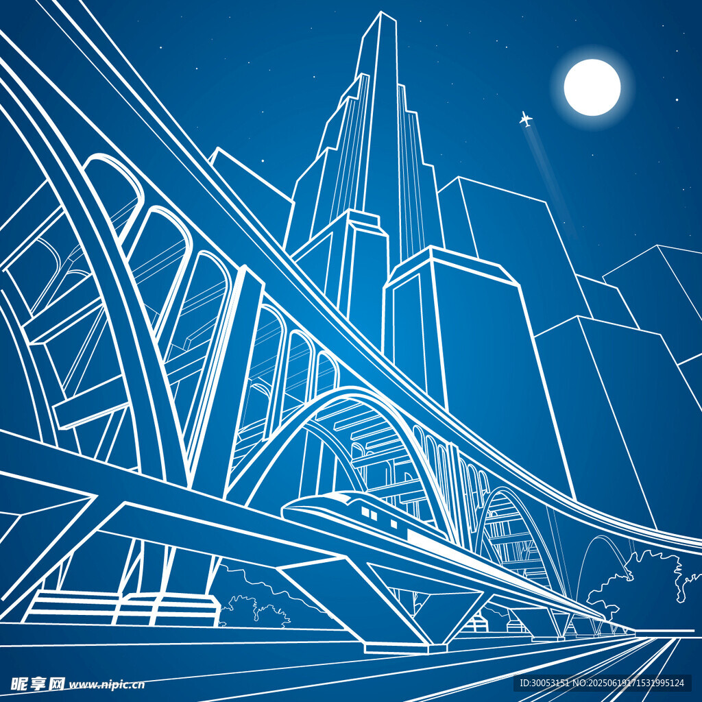 未来都市桥梁夜景线条图