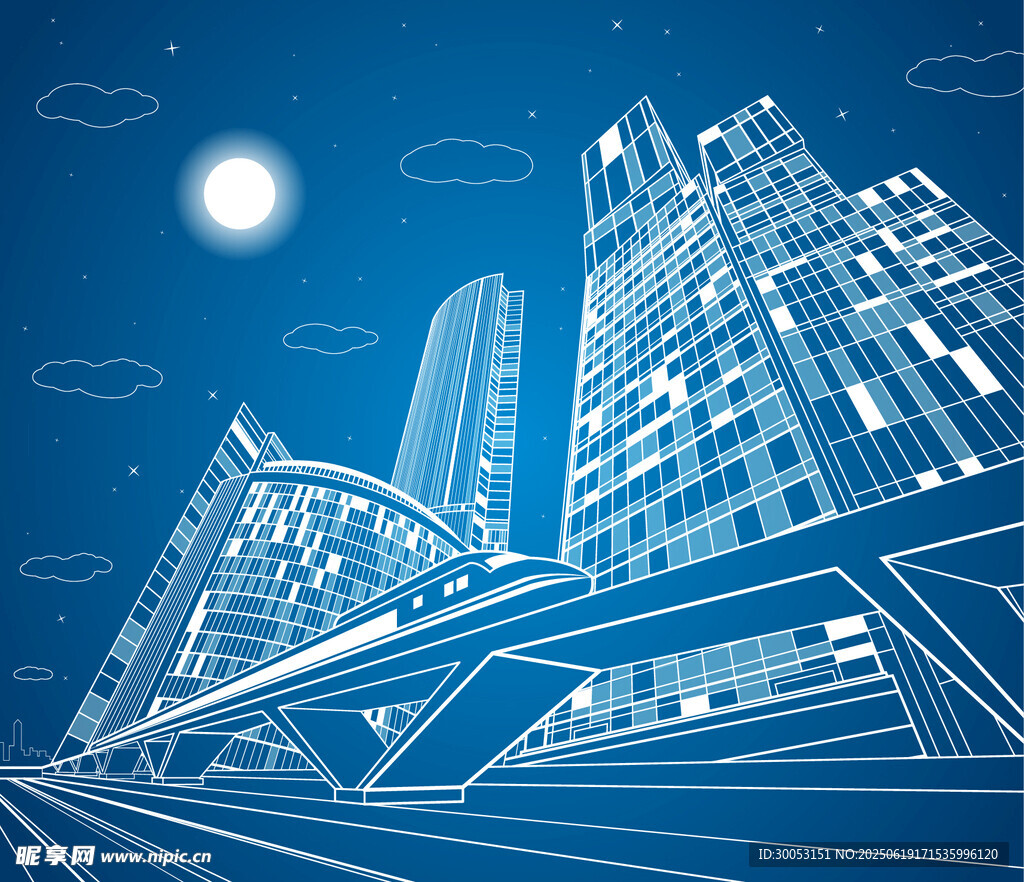 未来都市夜景线条风建筑
