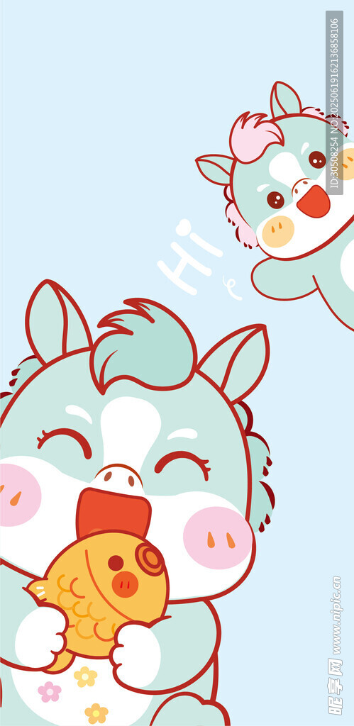 可爱小马抱着小鱼壁纸卡通插画