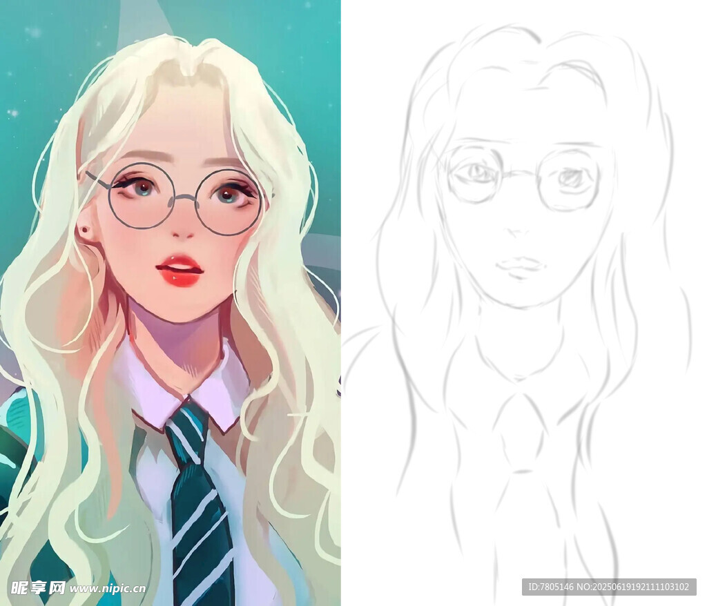 金发少女插画线稿与上色图