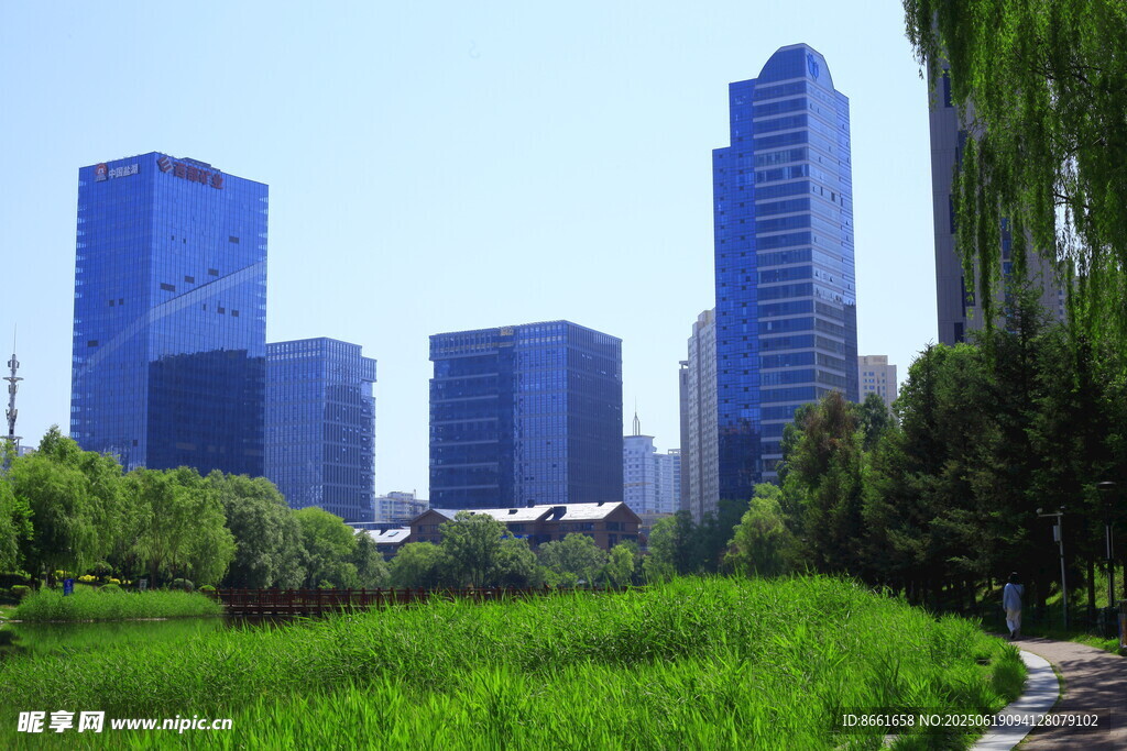 城市绿地旁的摩天大楼