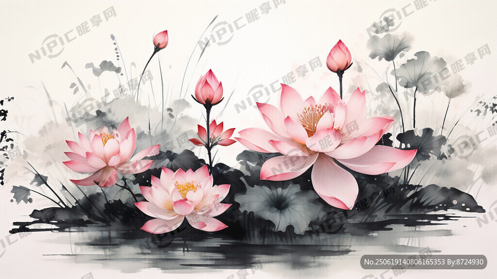 荷花 水墨风 花是粉红色