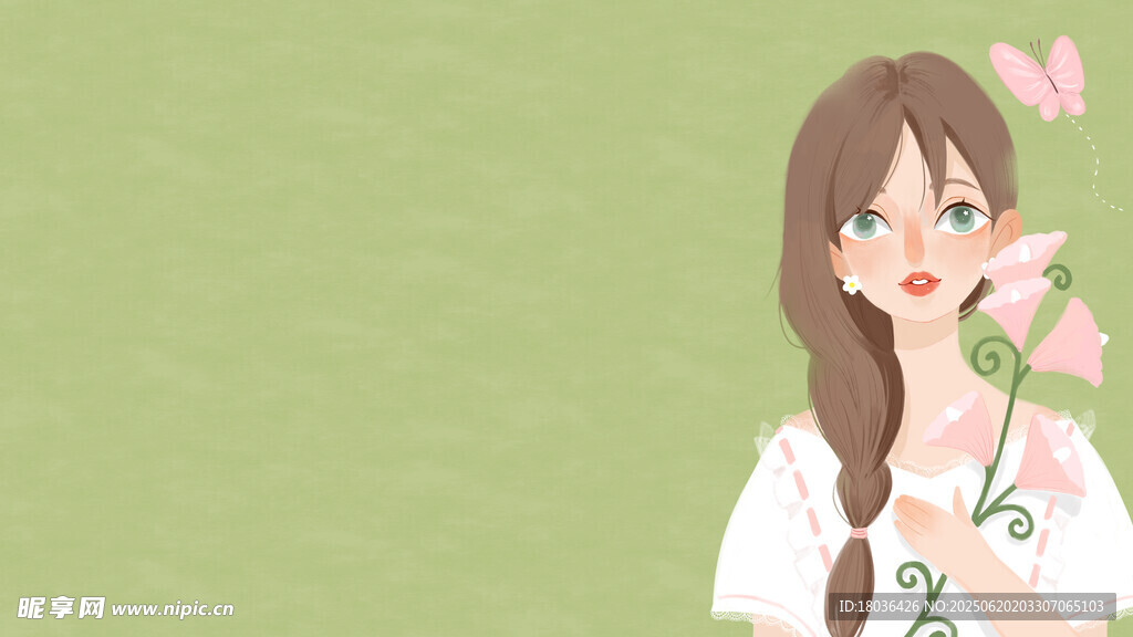女孩赏樱蝴蝶相伴手绘插画