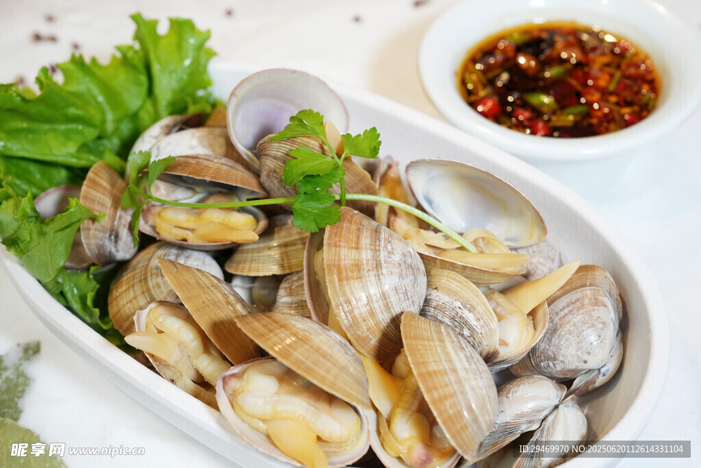 白盘蛤蜊配蘸料与生菜