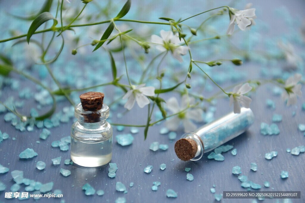 小瓶与花草的清新静物图