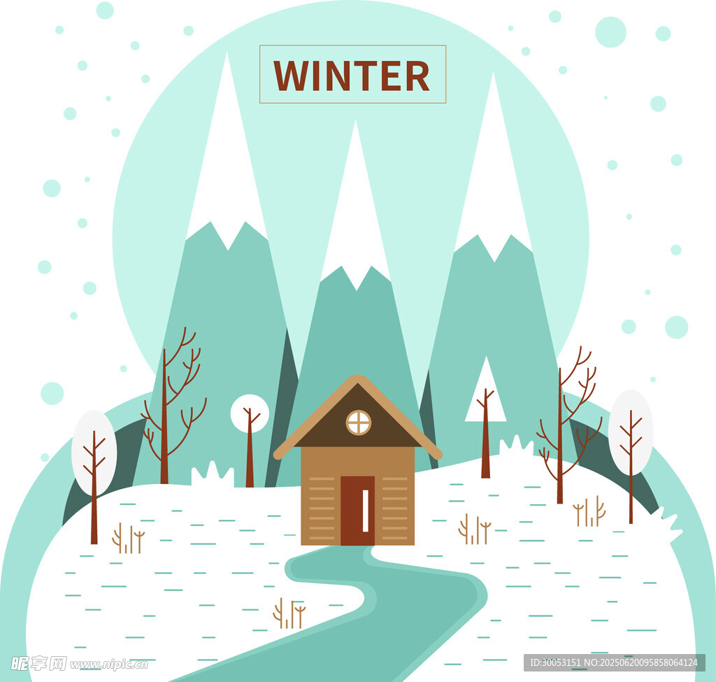 冬日山间小屋雪景图
