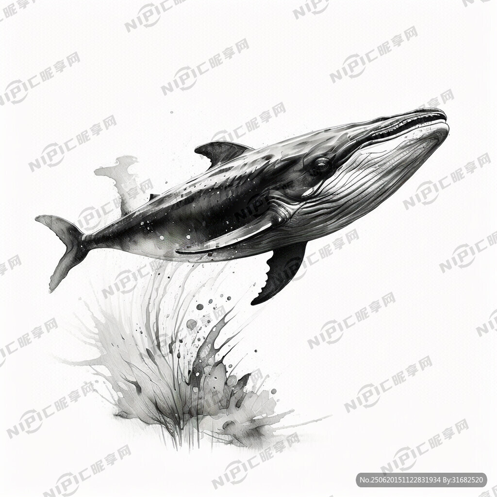 手绘 素描 鲸鱼 插画 黑白