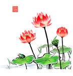 水墨风盛开荷花与荷叶