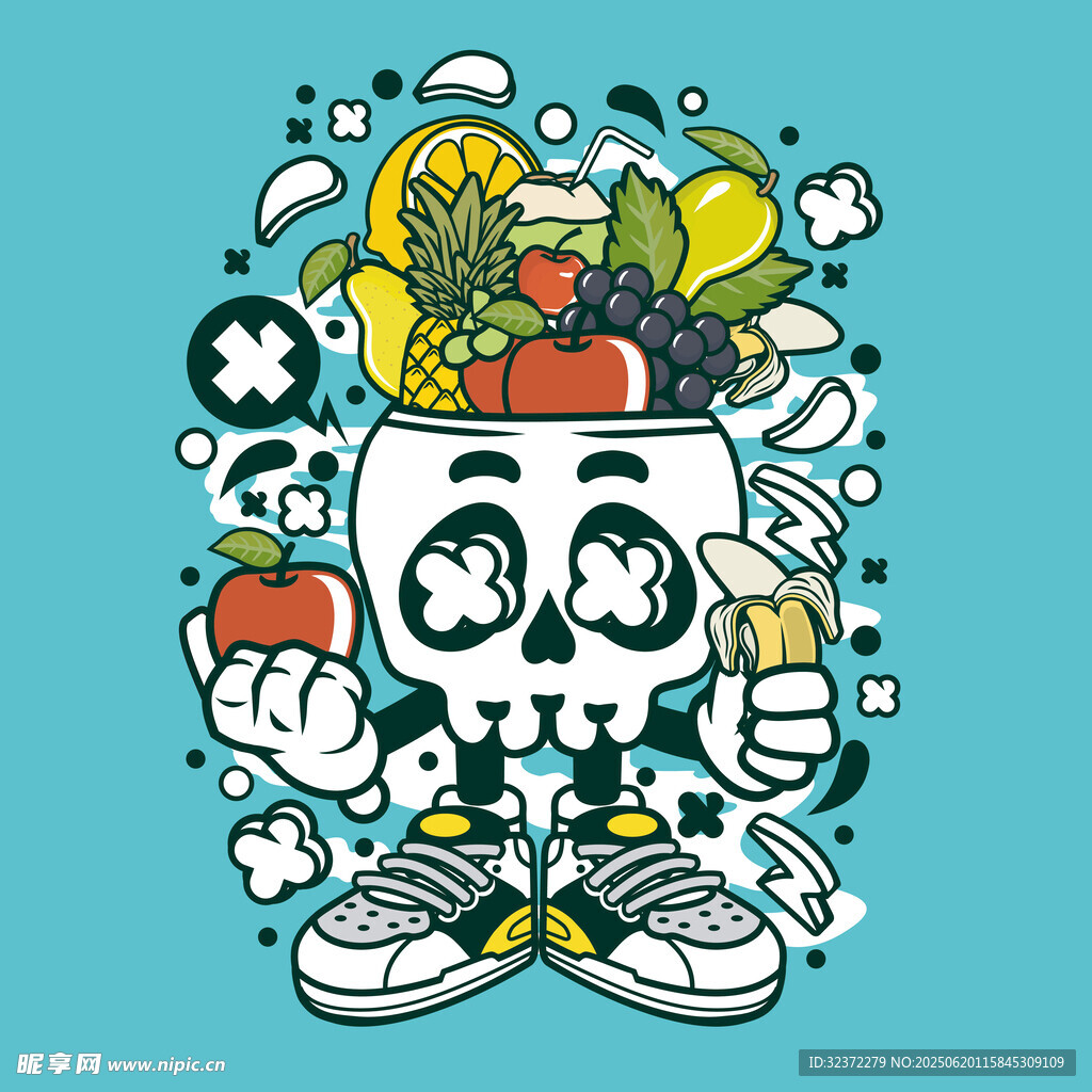 骷髅与蔬果的趣味插画