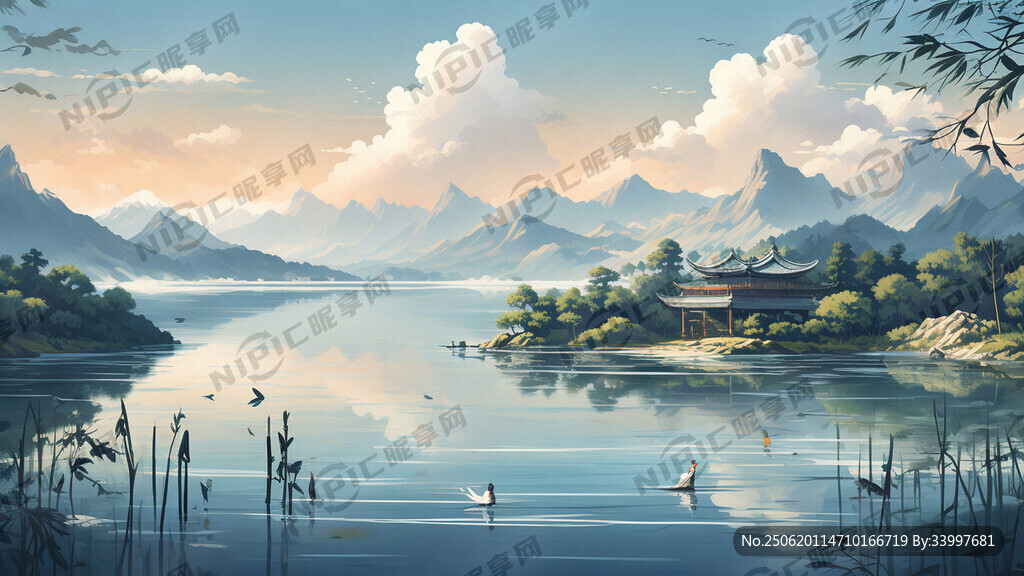 画一幅湖景画 亭子以棕色为主