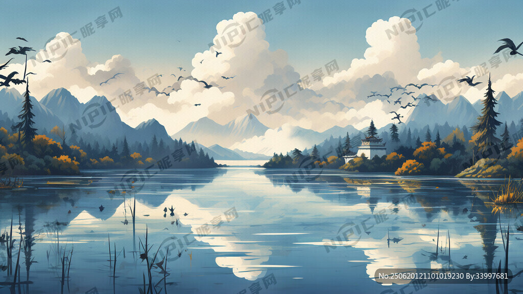 画一幅湖景画 亭子以棕色为主