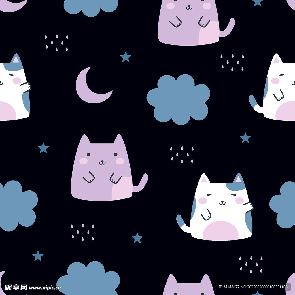 可爱猫咪月夜云朵图案