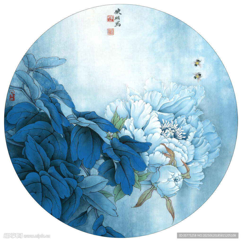 圆形蓝白花卉飞鸟装饰画