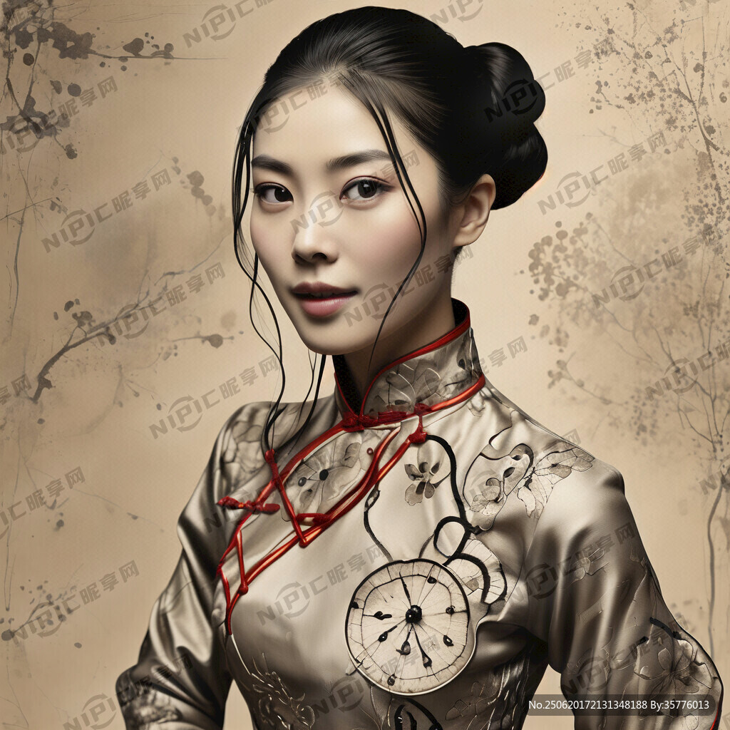 古代穿旗袍带墨迹俏皮女人