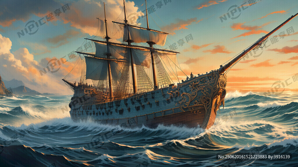 插画风格波涛汹涌海面有1艘古代