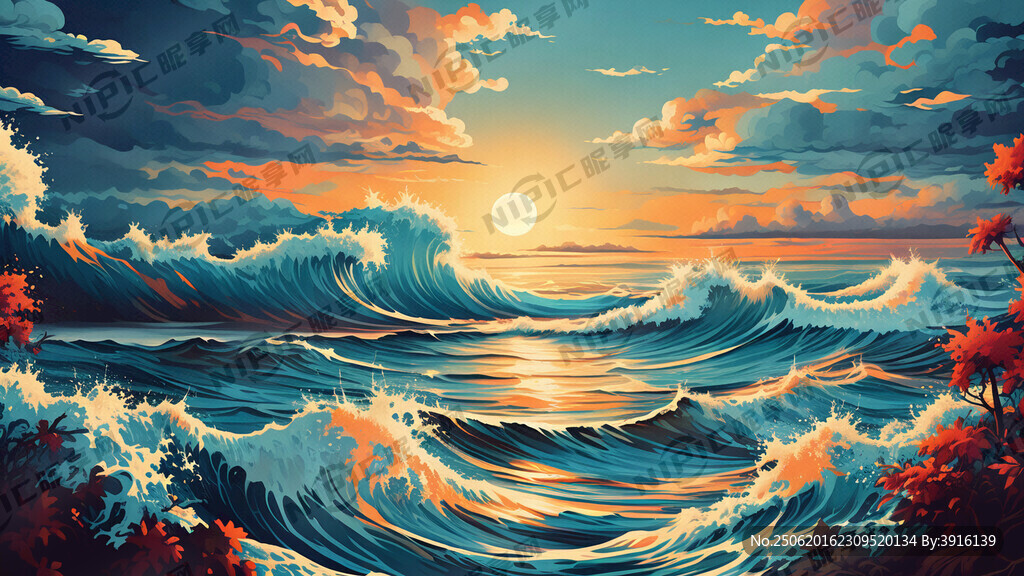 插画风格波涛汹涌海面复古风格