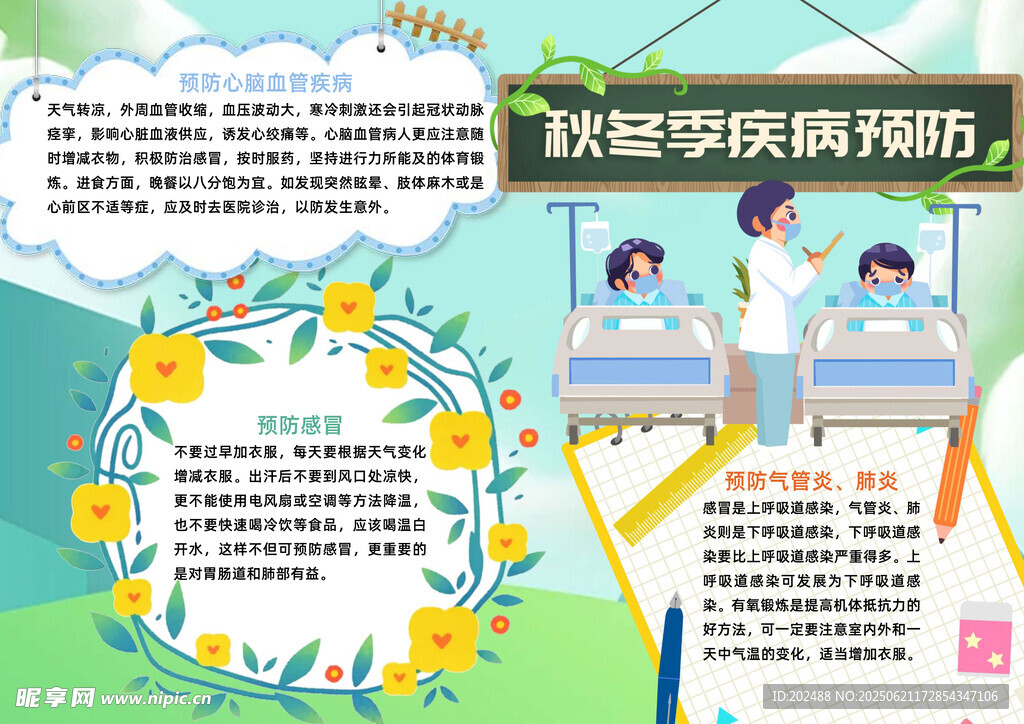清新风秋冬季疾病预防手抄报