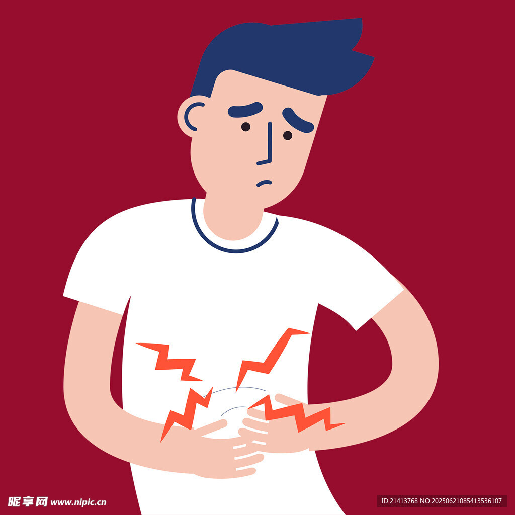 男子双手抱腹面露痛苦