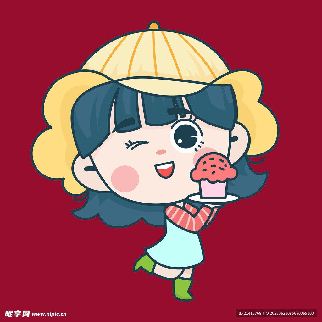 戴斗笠吃糕点的可爱女孩
