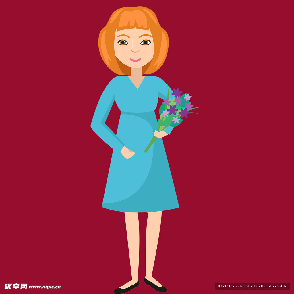 手持花束的蓝衣女士