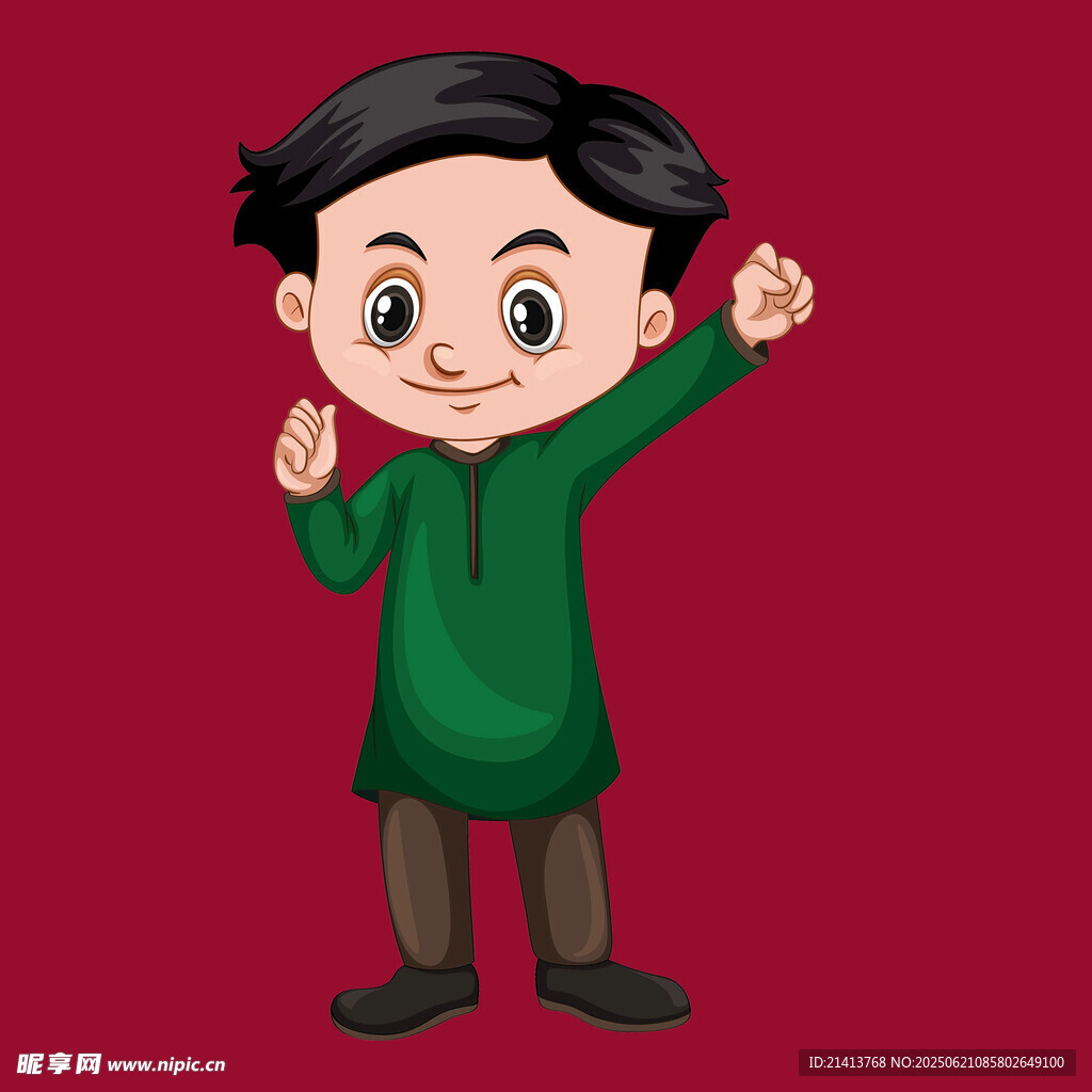 穿绿衣欢呼的卡通小男孩
