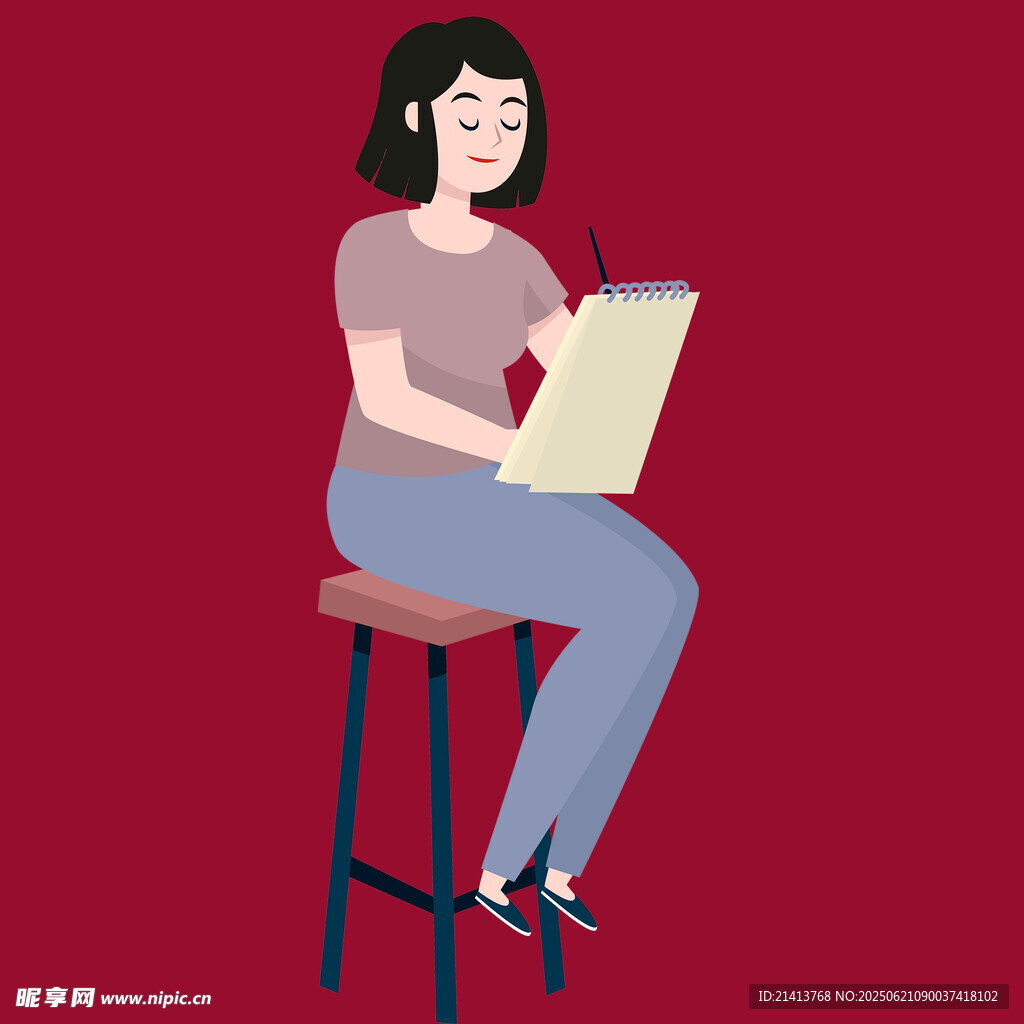 女子坐凳专注阅读书籍