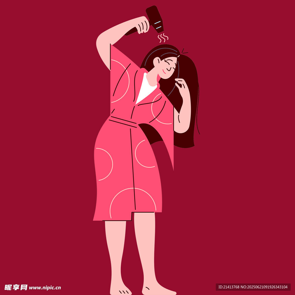 穿浴袍女子惬意打理头发