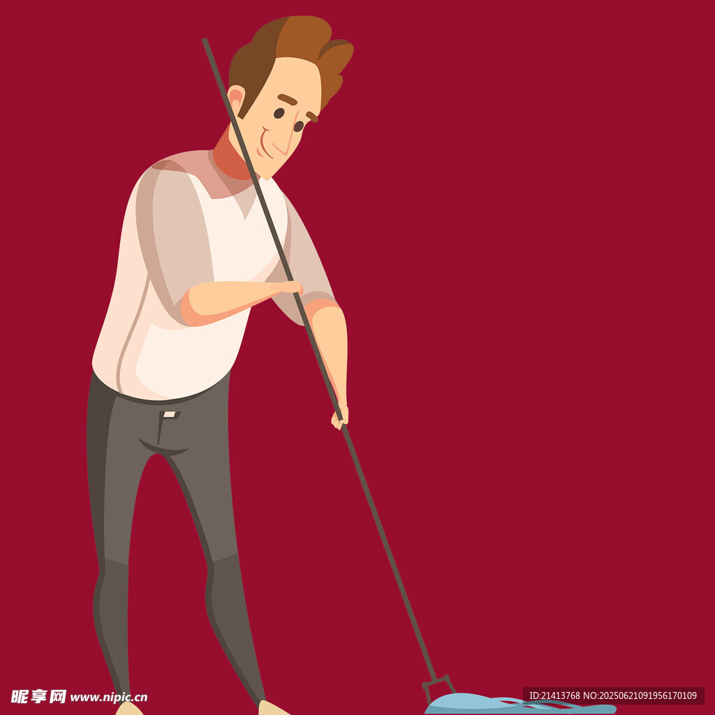男子手持拖把认真清洁