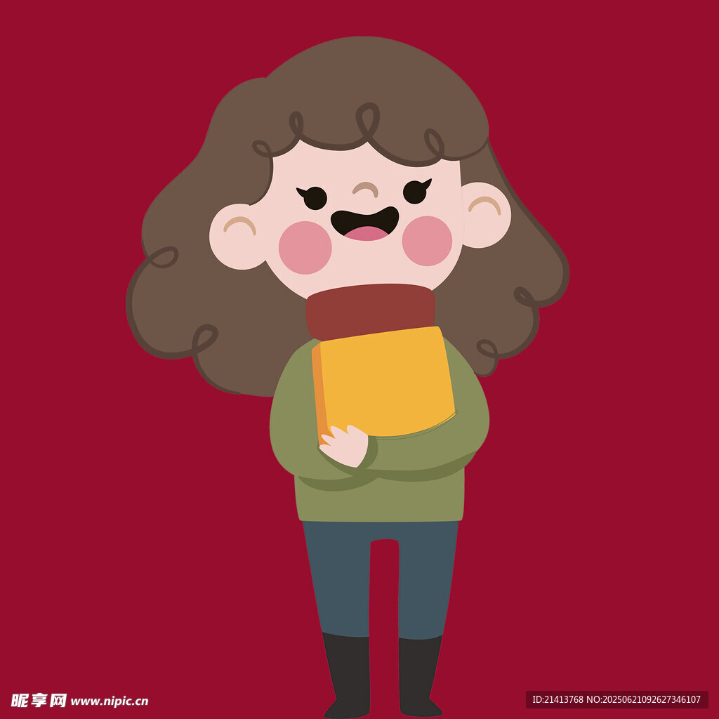 抱书的可爱卷发女孩