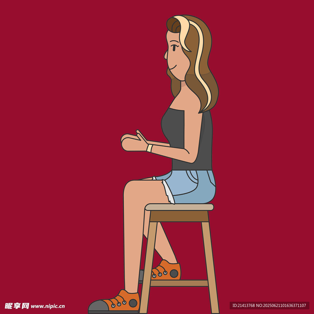 女子坐凳上的休闲姿态