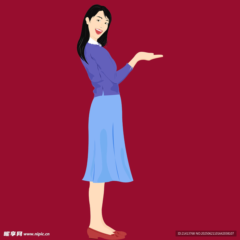 蓝衣女子优雅手势展示
