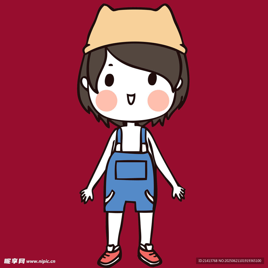 戴帽穿背带裤的卡通女孩