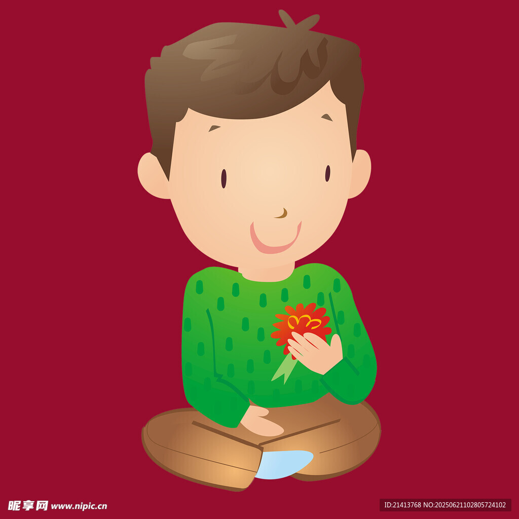 小男孩开心捧花