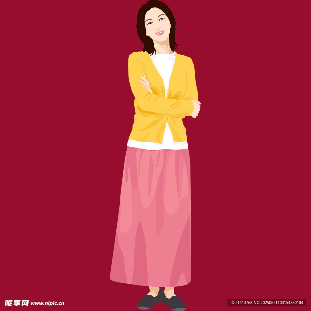穿黄上衣粉裙的微笑女士