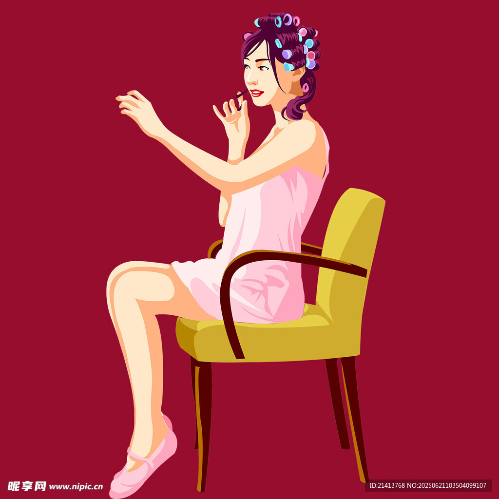 卷发少女优雅坐于椅上