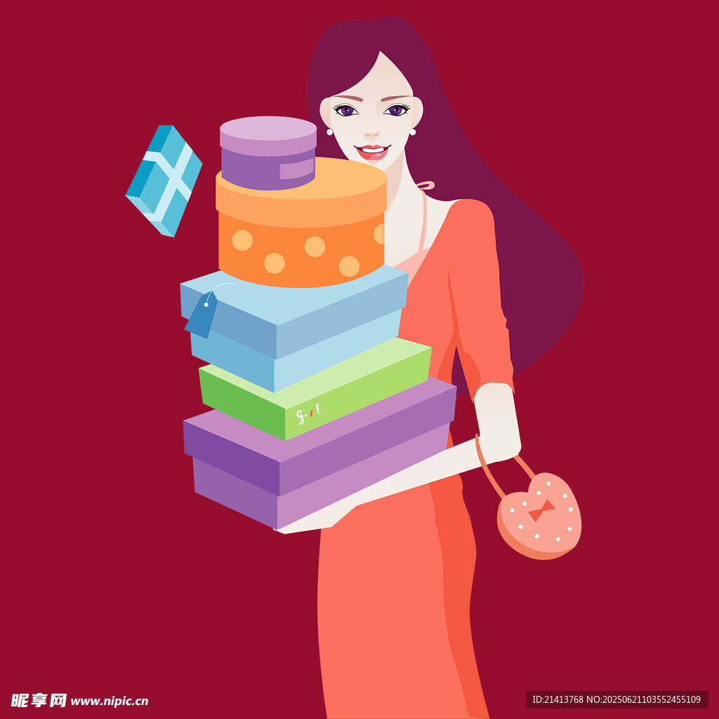 女子手持多彩礼盒与手机
