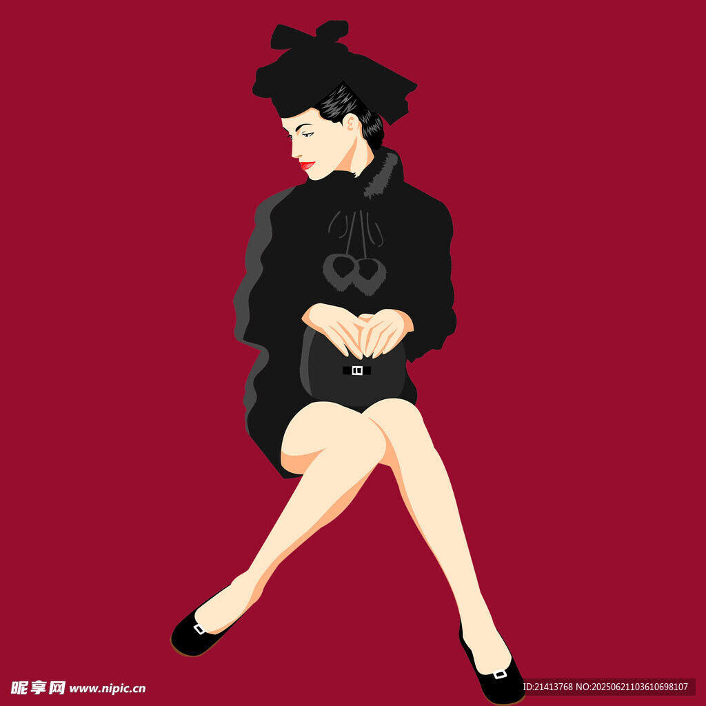 复古风黑衣坐姿女性插画