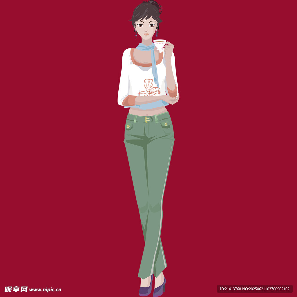 时尚女子手持咖啡优雅站立