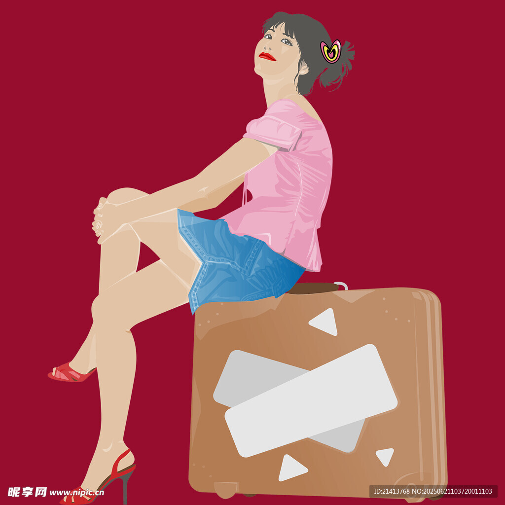 女子坐行李箱准备出发
