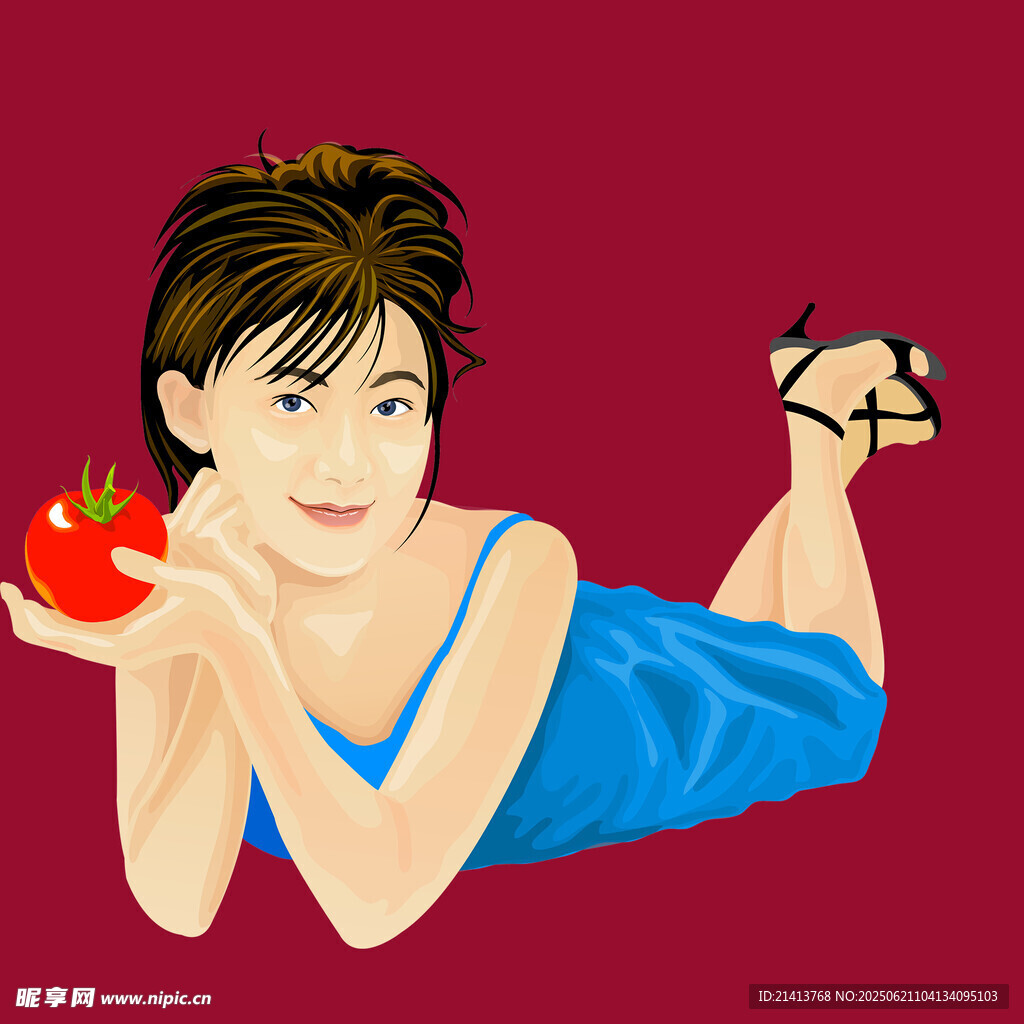蓝衣女子手持番茄躺卧