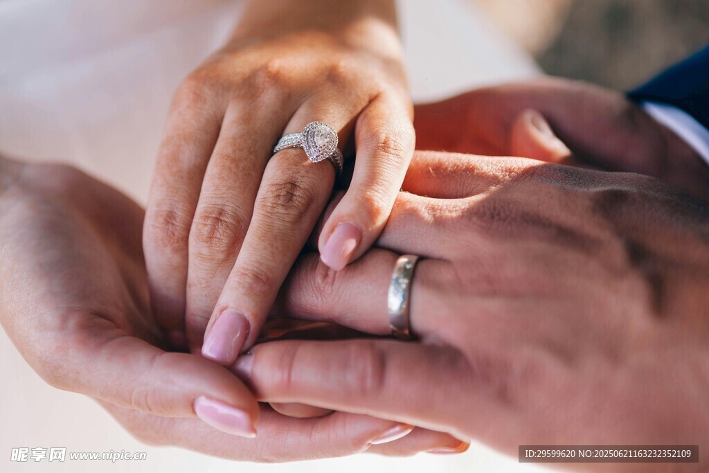 新人交叠的手与婚戒