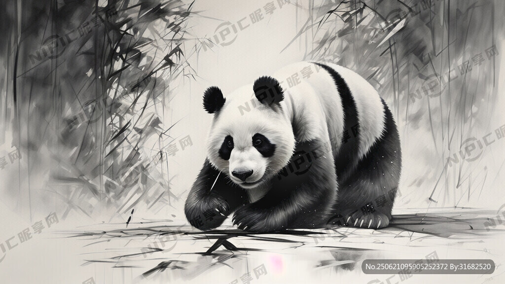 手绘 素描 大熊猫 插画 黑白