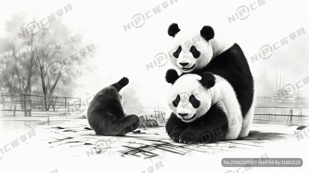 手绘 素描 大熊猫 插画 黑白