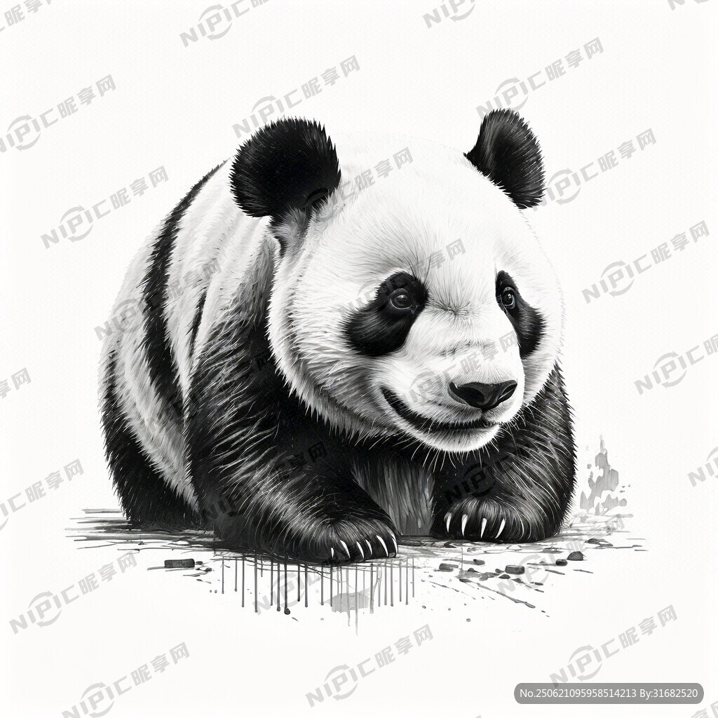 手绘 素描 大熊猫 插画 黑白